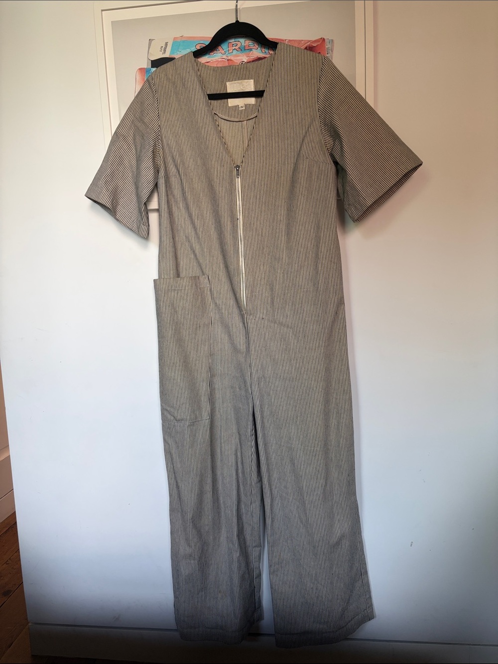Gray Pinstripe Short-Sleeve Utility Jumpsuit with Front Zip